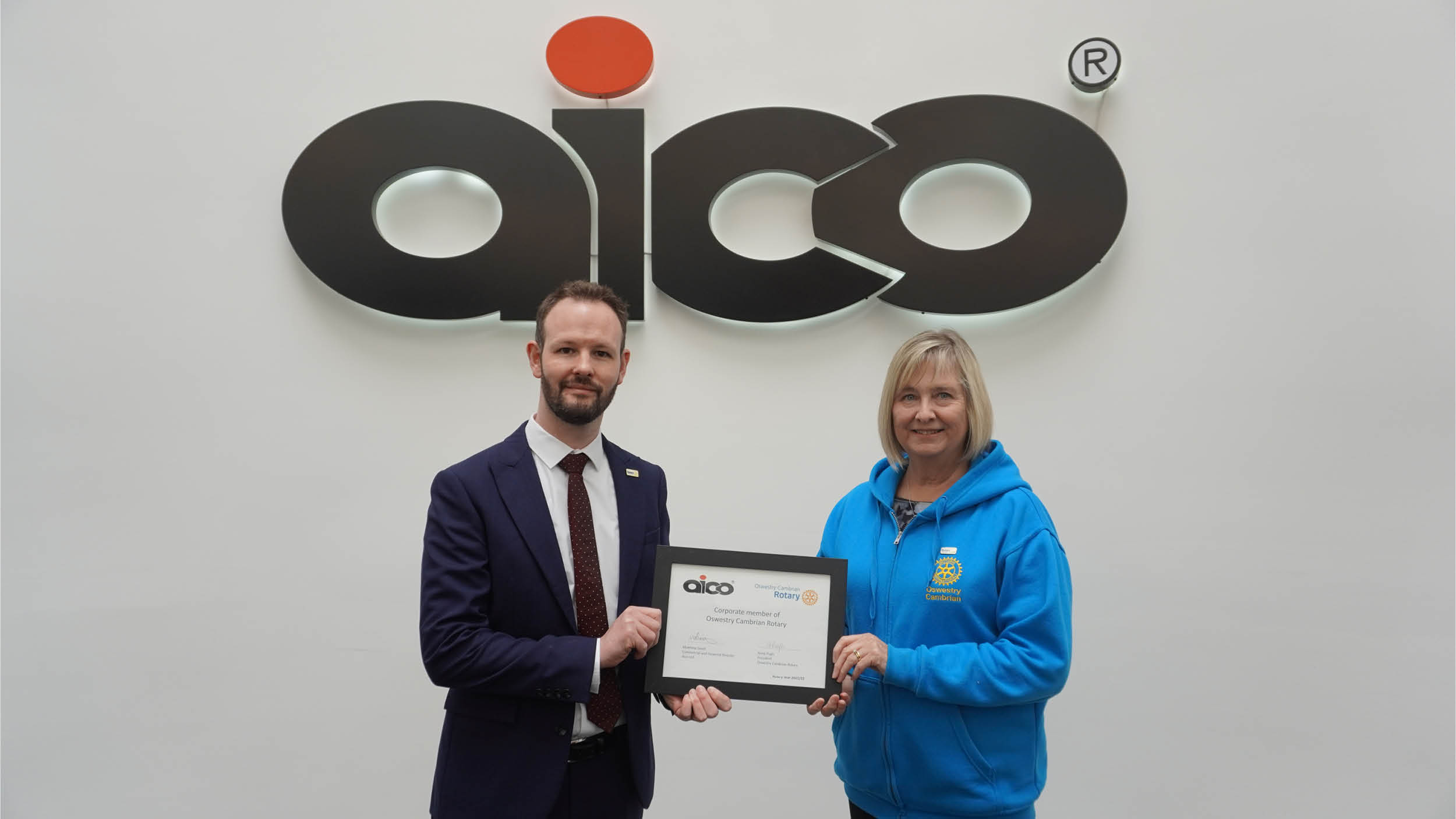 (From Left to Right) Matthew Small, Aico’s Commercial & Finance Director with Rotary President Anna Pugh from Oswestry Cambrian Rotary